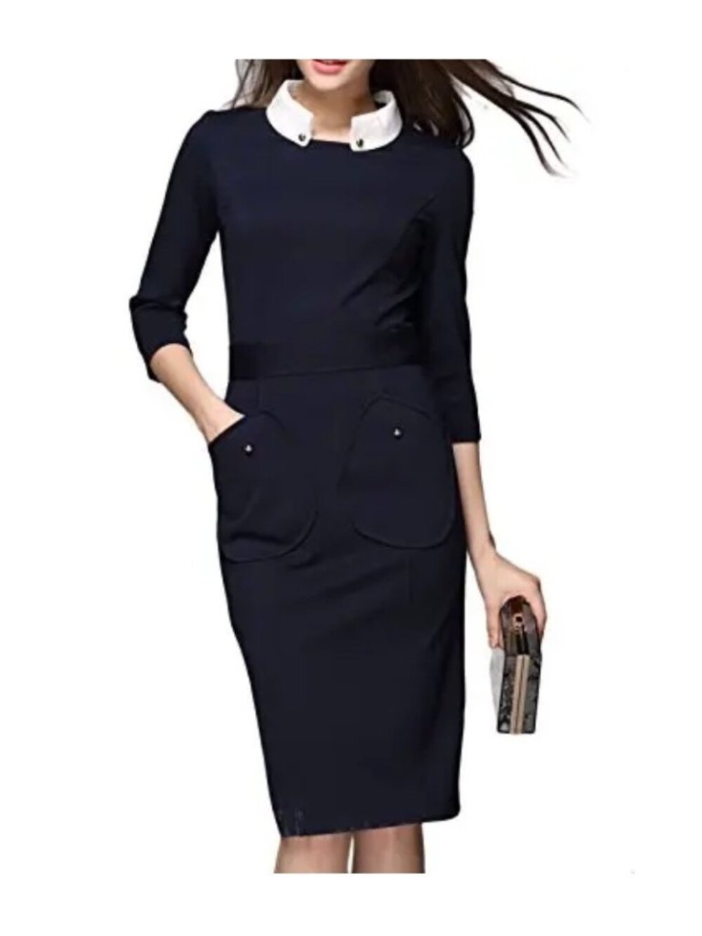Misslook Stand Collar Navy Midi Dress With White Collar & Pockets Size 8 Wednesd